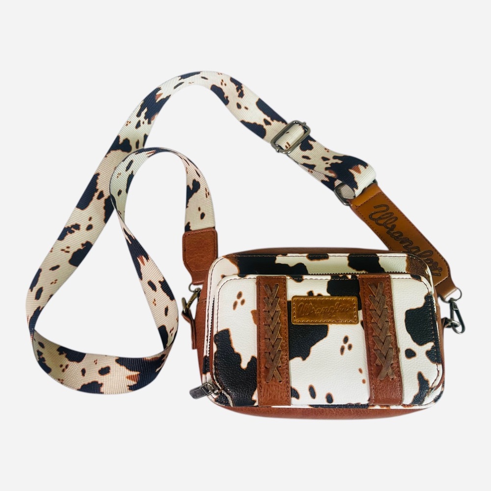 Wrangler Cow Print Crossbody Bag Detachable Strap Zip Closure Logo Patch